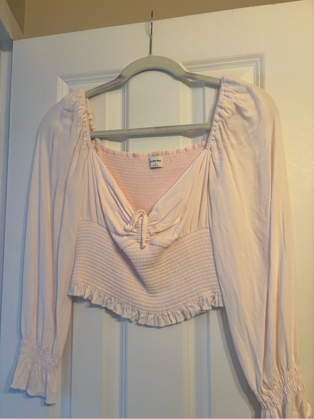 Aritzia Sunday Best Soft Pink Smocked Cropped Top